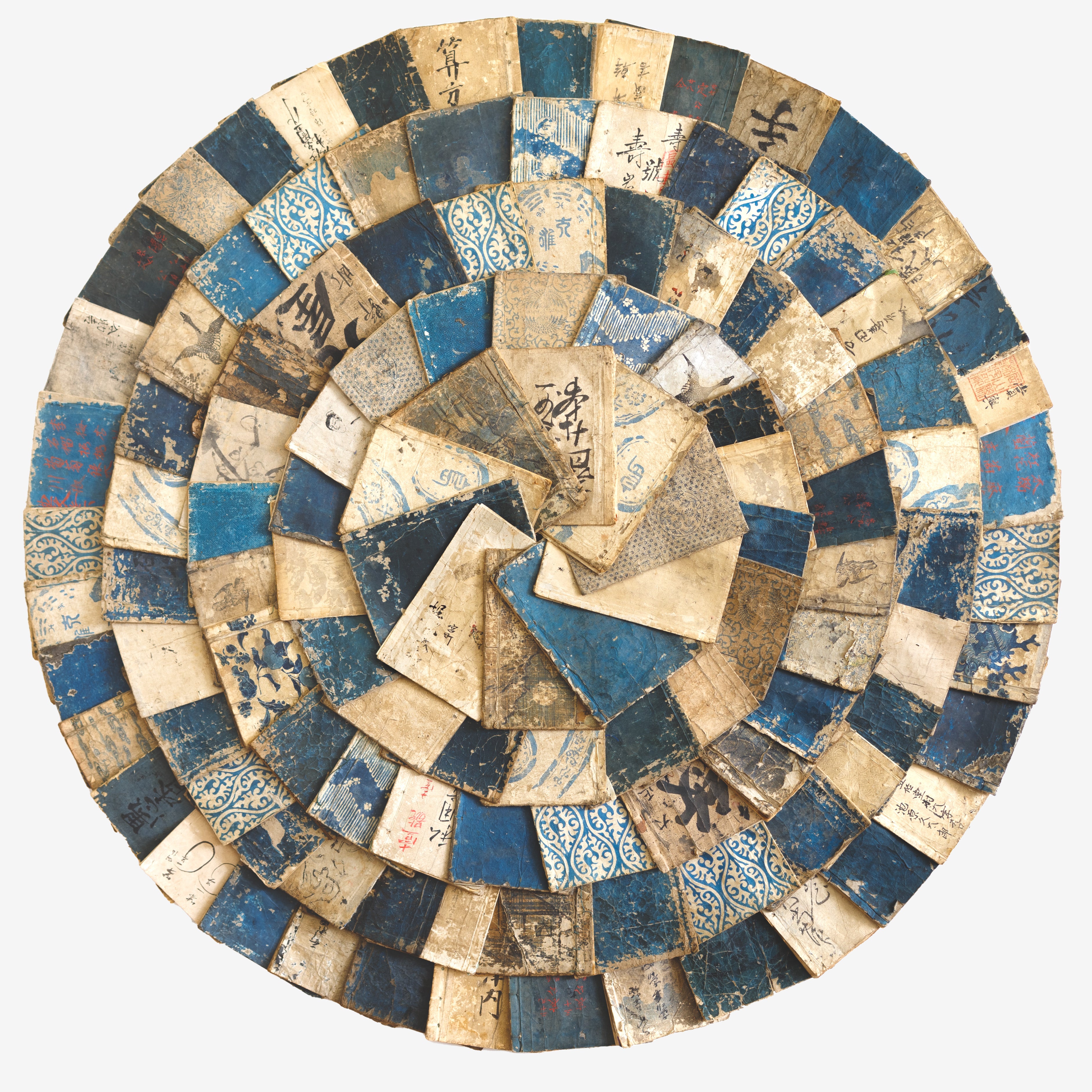 トールペイント作品　Antique Books One of One Upcycled Japanese Book Art in Blue & White Woodblock