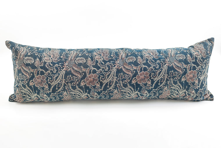 Coussin ancien japonais katazome indigo Phénix & Pivoines