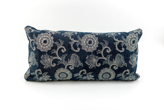 Antique Japanese Katazome Floral Indigo Pillow with Sumi Ink Accents