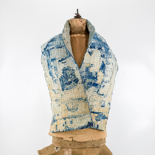 Antique Japanese Boro Indigo Distressed Patchwork Sashiko Reversible Scarf