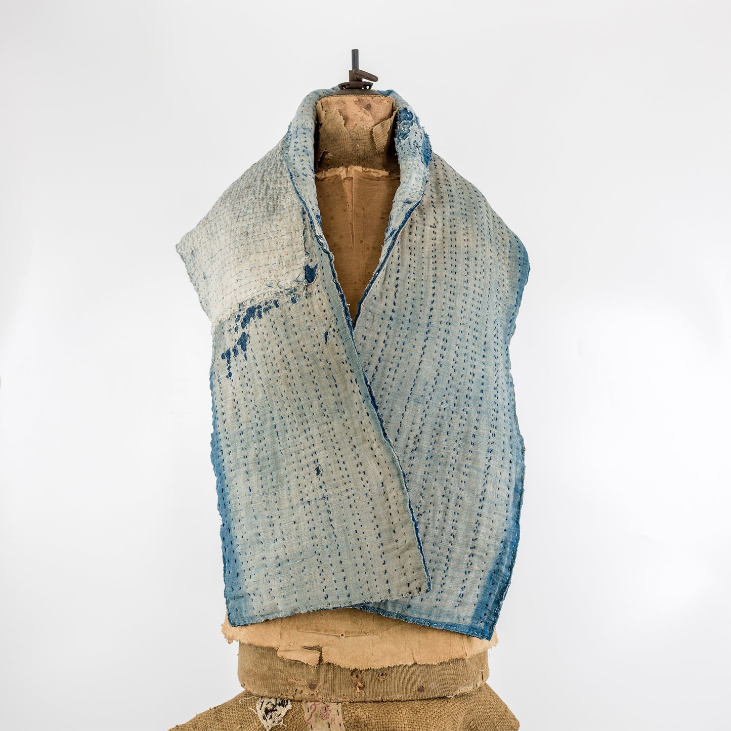 Antique Japanese Boro Indigo Distressed Patchwork Sashiko Reversible Scarf