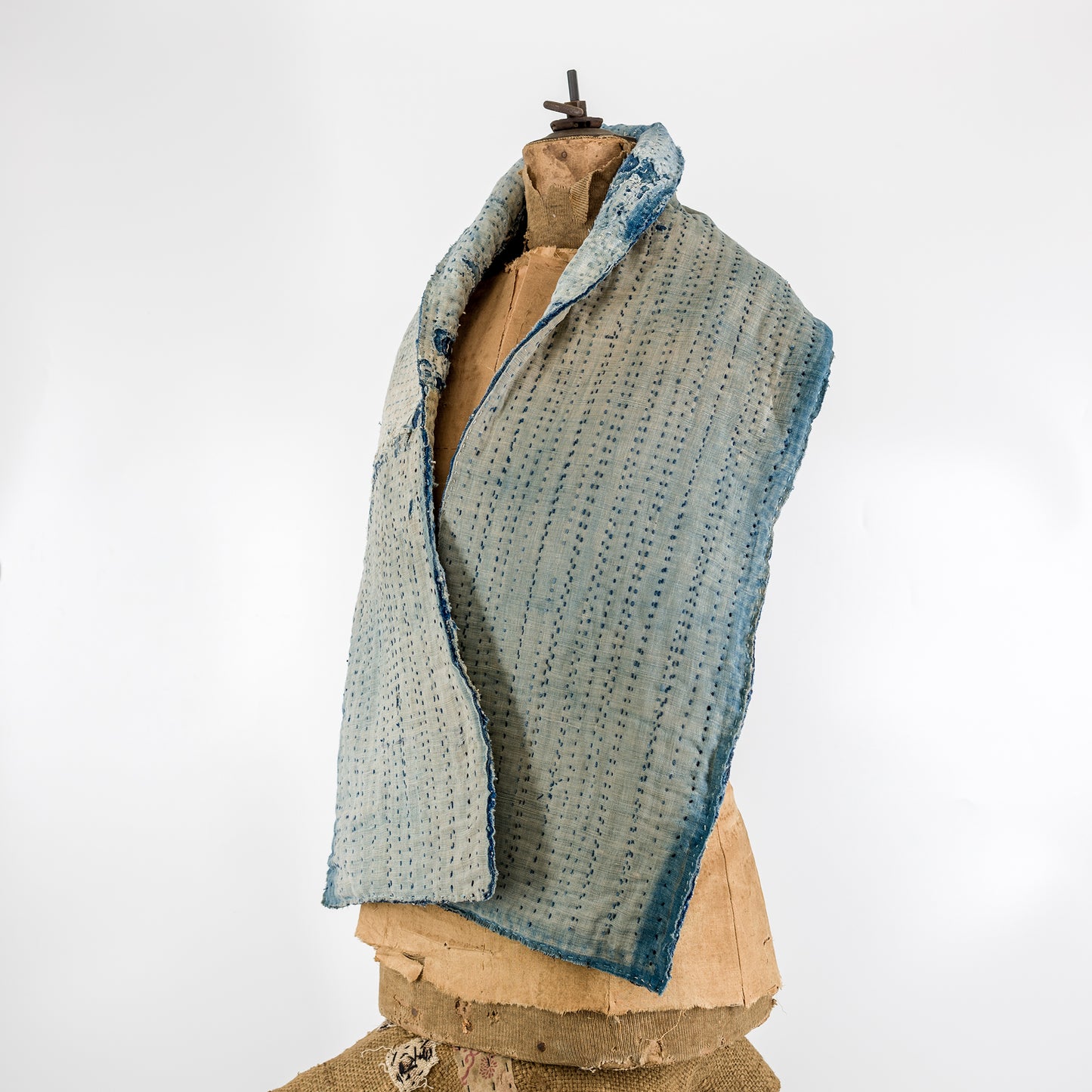 Antique Japanese Boro Indigo Distressed Patchwork Sashiko Reversible Scarf