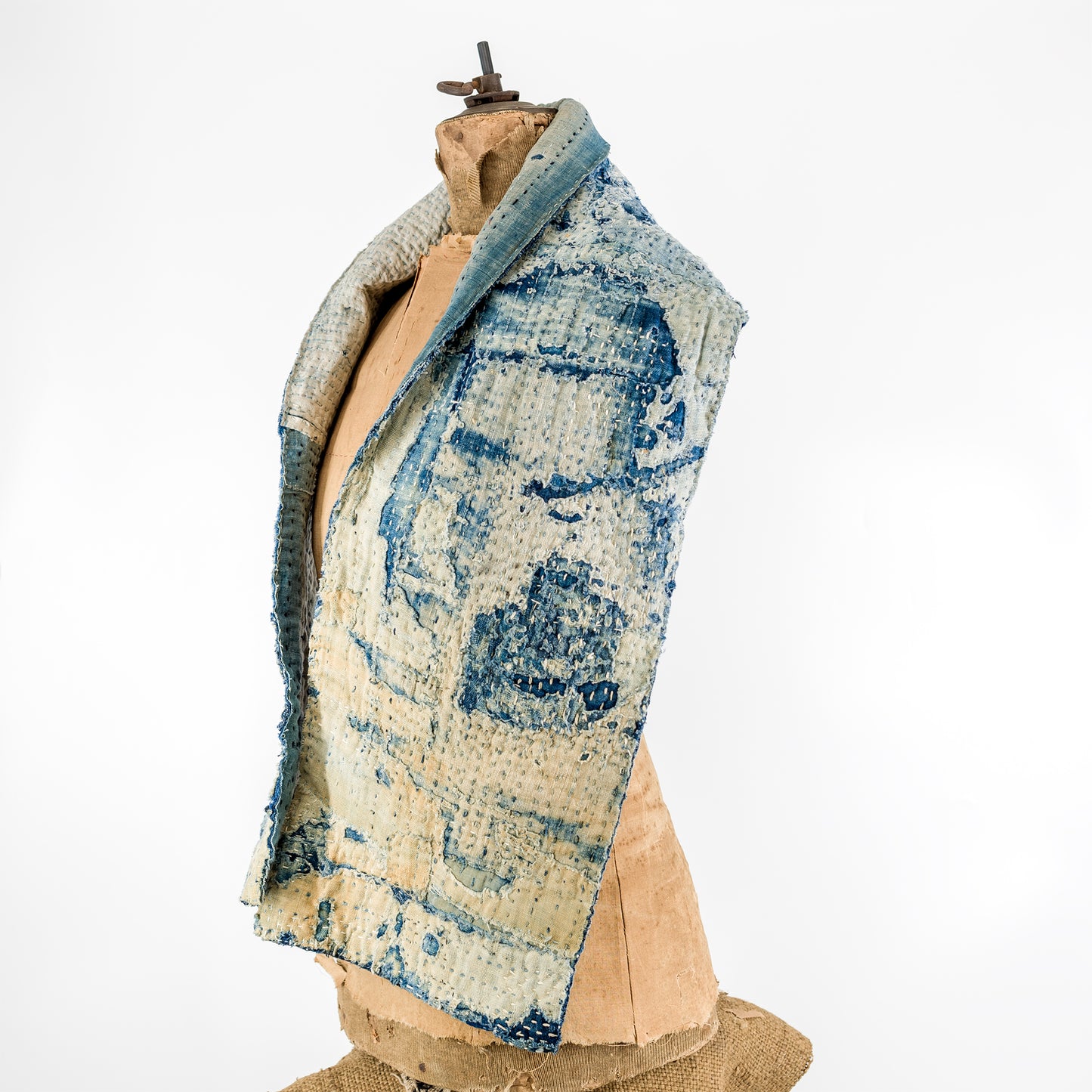 Antique Japanese Boro Indigo Distressed Patchwork Sashiko Reversible Scarf