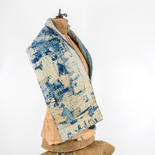 Antique Japanese Boro Indigo Distressed Patchwork Sashiko Reversible Scarf
