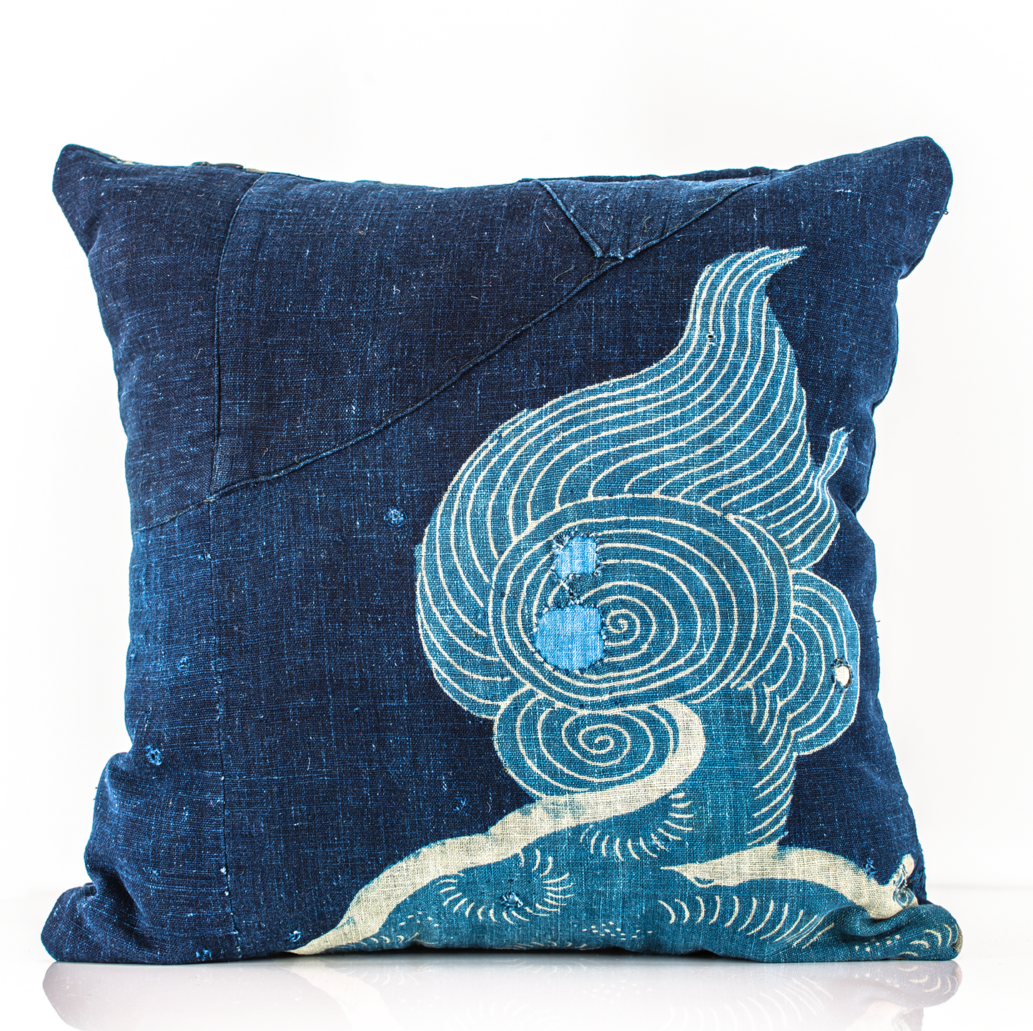 Antique Japanese Boro Foo Dog Indigo Pillow