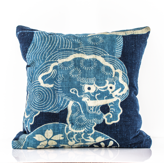 Antique Japanese Boro Foo Dog Indigo Pillow
