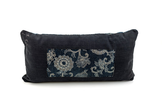 Antique Japanese Katazome Floral Indigo Pillow with Sumi Ink Accents