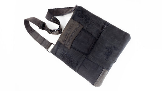 Vintage French Black Moleskin Workwear Messenger Tote Bag