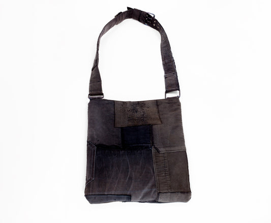 Vintage French Black Moleskin Workwear Messenger Tote Bag