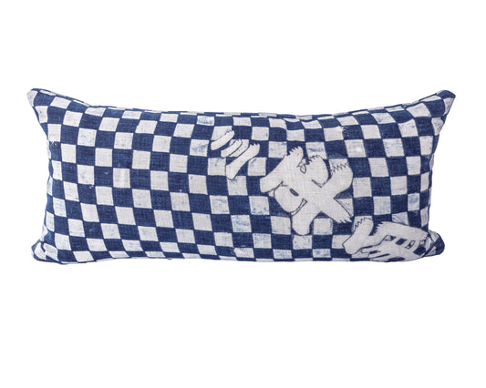 Antique Japanese Boro Indigo Katazome Kanji Checkered Pillow